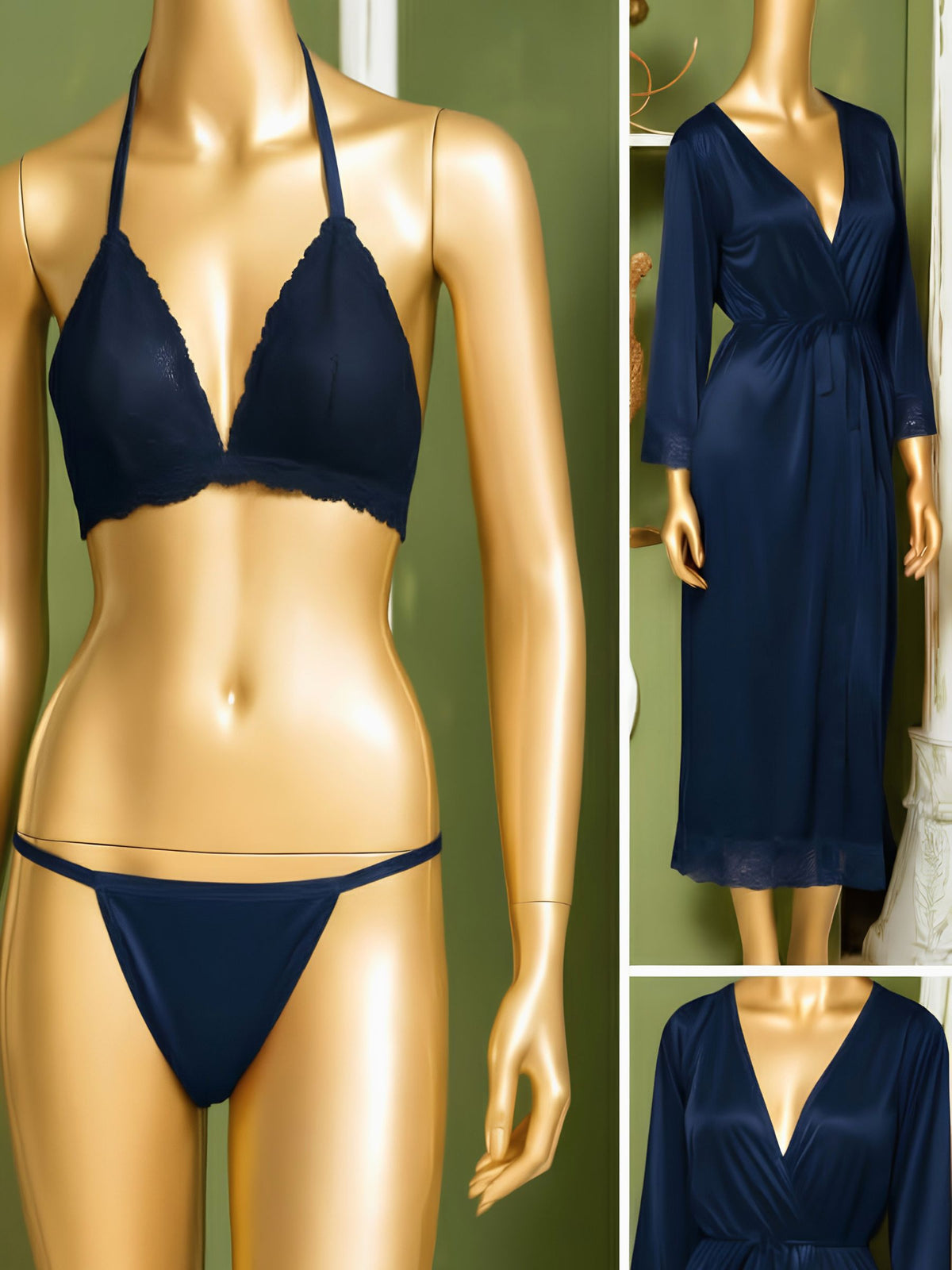 A mannequin displays a dark navy blue lingerie set with a lace-trimmed bra and matching thong, alongside two smaller inset views showing the same navy blue robe dress from the back and front.