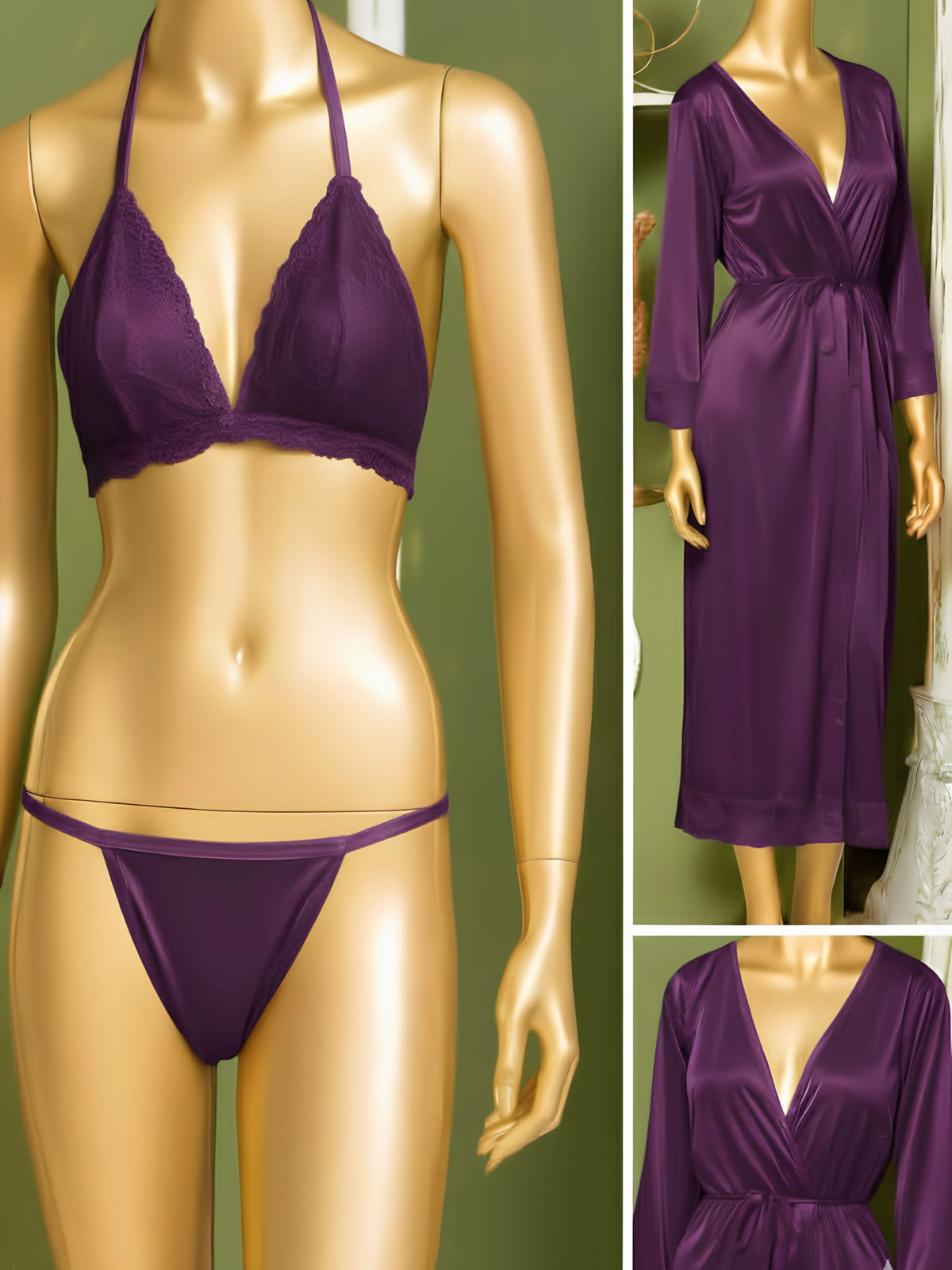 Purple lingerie set displayed on a mannequin, including a lace bralette and matching thong, alongside inset views of a matching satin robe on a mannequin against a green wall.