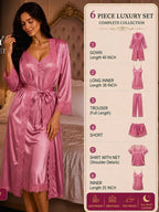 A woman wearing a pink satin robe with lace trim stands in a bedroom setting, next to a vertical product information panel detailing a 6-piece luxury set including gown, long inner, trouser, short, shirt with net, and inner length.
