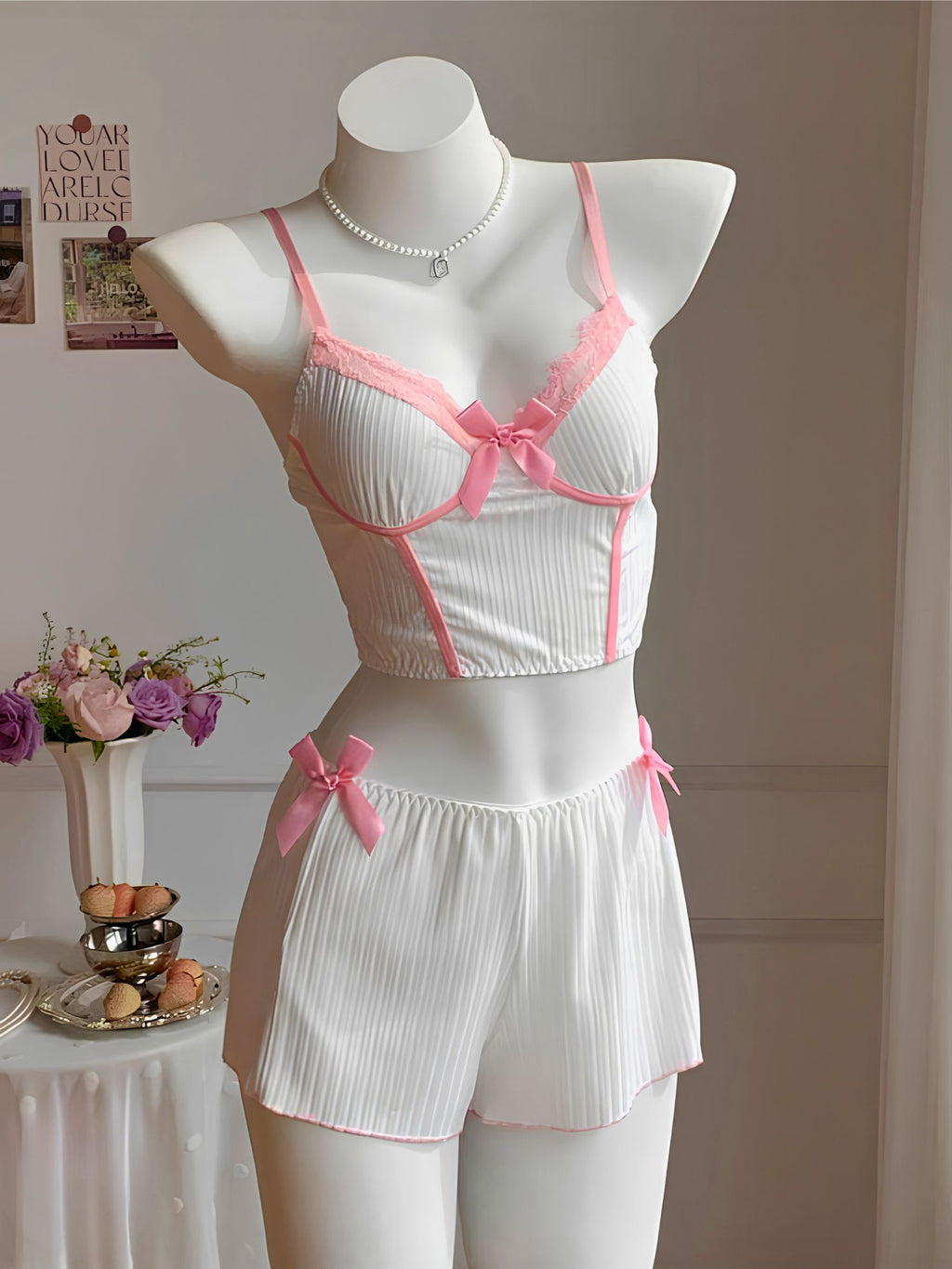 The Angelic Blush Corset Cami & Ruffle Shorts Set