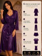 A woman models a black satin sleepwear set in a bedroom setting, with an informational panel on the right detailing the 6-piece luxury set components.