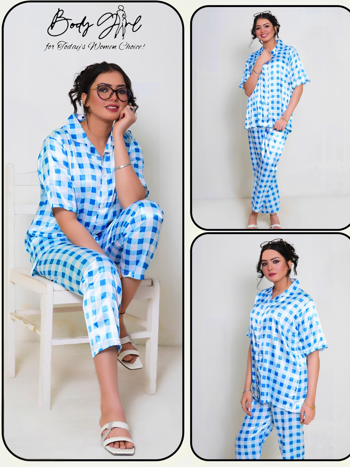 Malmal Picnic Blue Gingham Silk Pajama Set