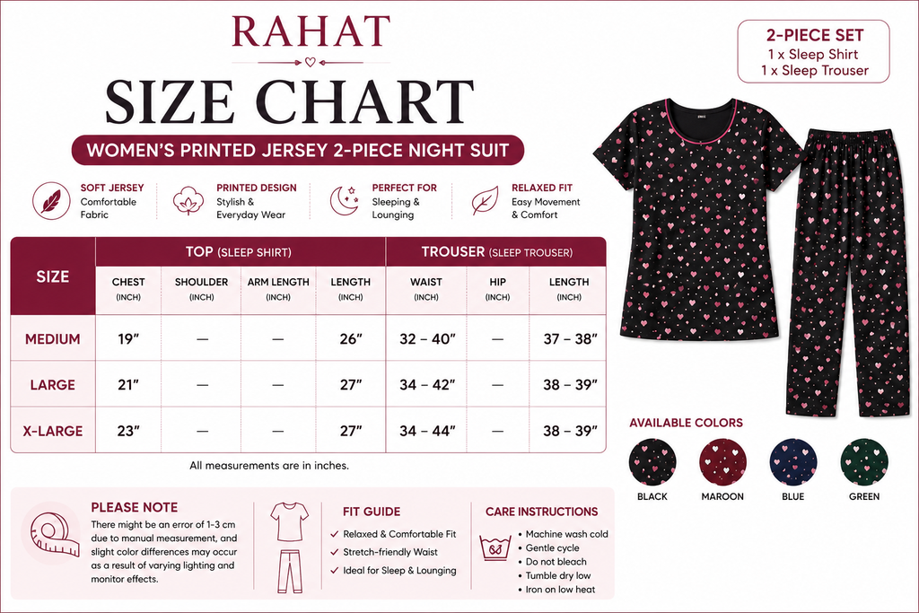 A product size chart and sizing guide for Rahat Women's Printed Jersey 2-Piece Night Suit. The chart includes a size table for Medium, Large, and X-Large, along with fit guidelines and care instructions.