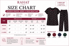 A product size chart and sizing guide for Rahat Women's Printed Jersey 2-Piece Night Suit. The chart includes a size table for Medium, Large, and X-Large, along with fit guidelines and care instructions.