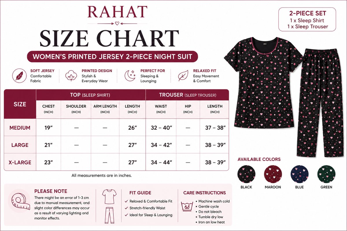 A product size chart and sizing guide for Rahat Women's Printed Jersey 2-Piece Night Suit. The chart includes a size table for Medium, Large, and X-Large, along with fit guidelines and care instructions.