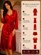 A woman wearing a red satin and lace 6-piece sleepwear set stands in a bedroom setting next to an informational graphic detailing the set components.