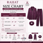 A size chart and product details graphic for the RAHAT Women's Silk Night Suit. The chart shows a standard size measurement table with chest, shirt length, and trouser length in inches, alongside product details indicating a 3-piece set with piping and a free scrunchie.