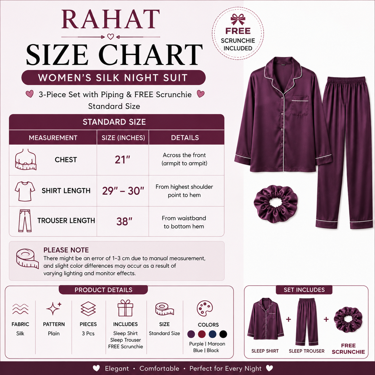 A size chart and product details graphic for the RAHAT Women's Silk Night Suit. The chart shows a standard size measurement table with chest, shirt length, and trouser length in inches, alongside product details indicating a 3-piece set with piping and a free scrunchie.