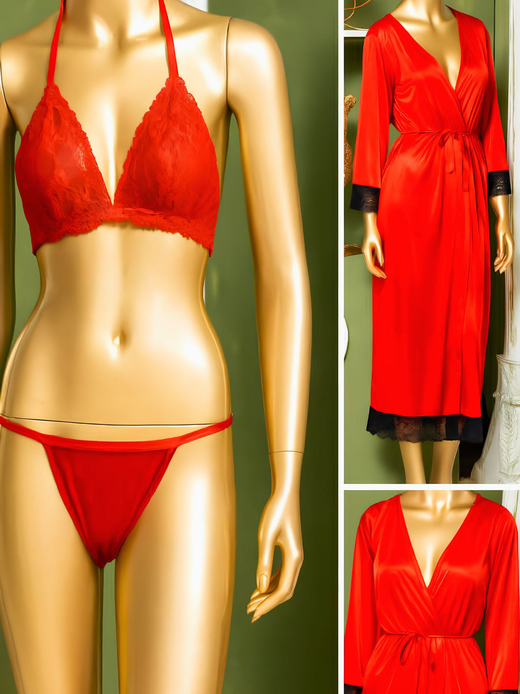 A red lingerie set displayed on a mannequin, alongside two inset views of a matching red robe on a mannequin. The set includes a lace triangle bra, matching thong, and a long-sleeve wrap robe with black lace trim at the cuffs and hem.