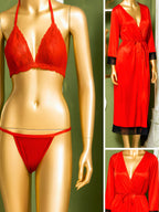 A red lingerie set displayed on a mannequin, alongside two inset views of a matching red robe on a mannequin. The set includes a lace triangle bra, matching thong, and a long-sleeve wrap robe with black lace trim at the cuffs and hem.