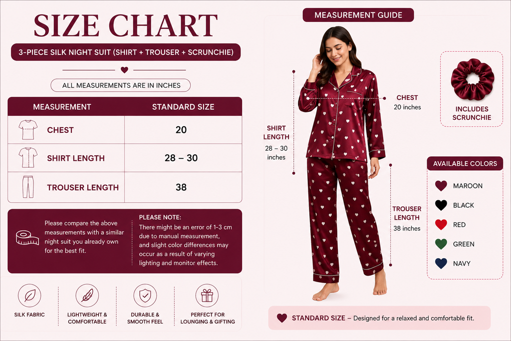 Women’s Heart Print Satin Silk Night Suit with Scrunchie