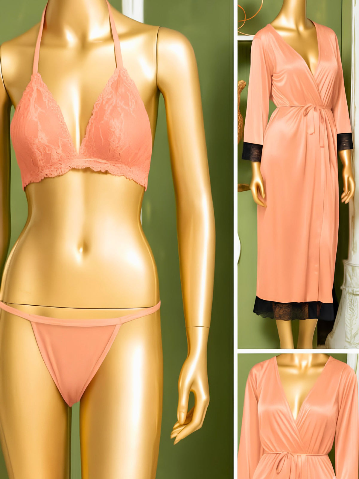 A peach-pink lingerie set displayed on a gold mannequin against a green background, with two smaller inset views showing a matching long robe and close-ups of the bra and bottom.